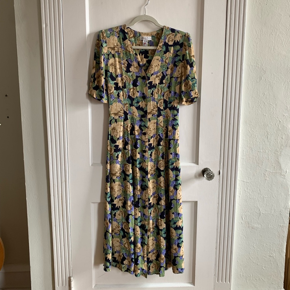 80s Vintage Express Floral Button Front Midi Dress